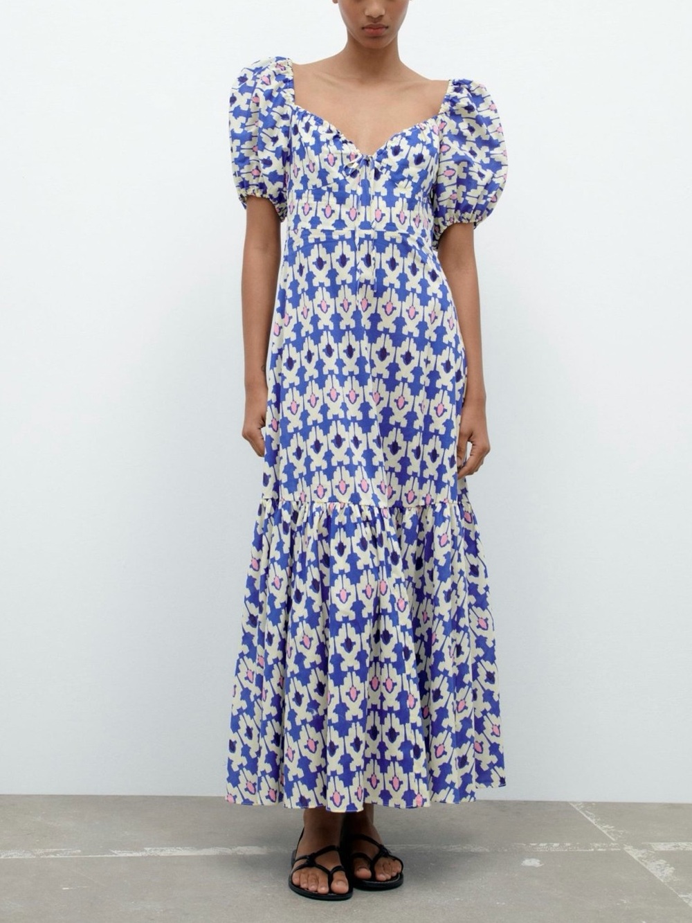 ZARA Women’s Geometric Ruffle Maxi Dress Coastal Feminine | Size XL